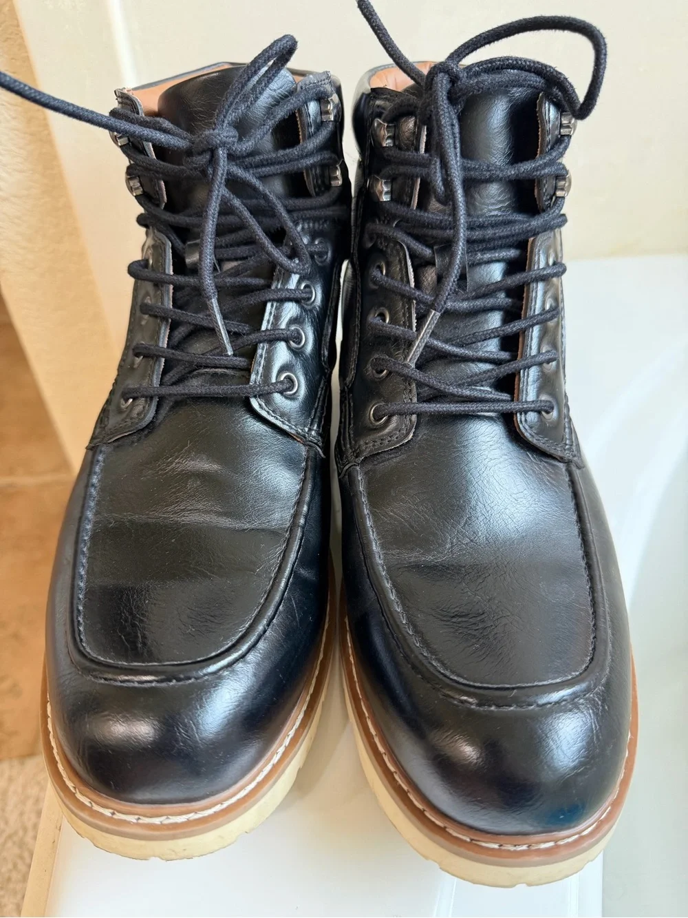 Steve Madden Black Leather Moc-Toe Lace-Up Boots with Tan Crepe Sole
